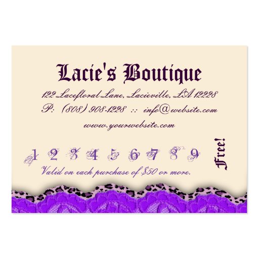 Fashion Jewelry Club Card Lace Leopard Purpl Cream Business Card (back side)