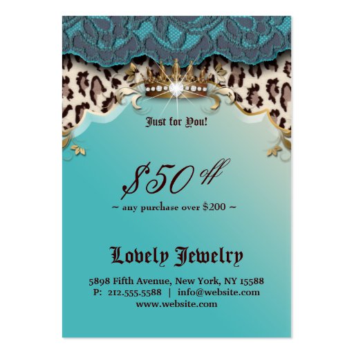 Fashion Jewelry Gift Certificate Leopard Lace Teal Business Cards (back side)