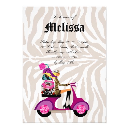 Fashion Party Invite Scooter Woman Zebra Blonde