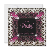 Fashion Party Zebra Lace Invite Pink Square