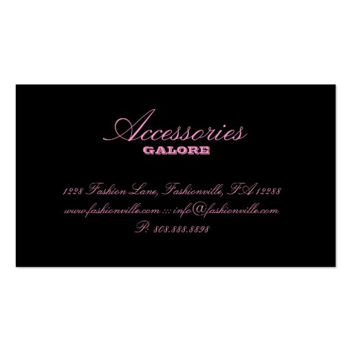 Fashion Purses Jewelry Hot Pink Black Zebra Business Card Template (back side)