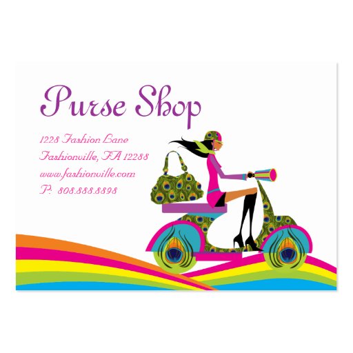 Fashion Purses Scooter Peacock Rainbow Business Card Template (back side)