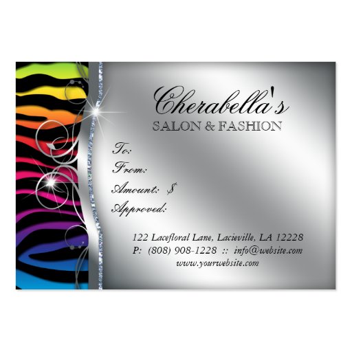 Fashion Salon Modern Zebra Glitter Rainbow Business Card Templates (back side)