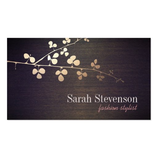 Fashion Stylist Gold Branch Wood Grain Look Business Card (front side)