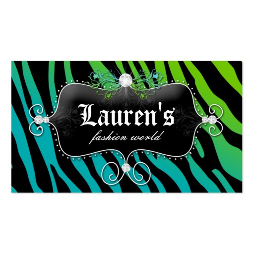 Fashion Zebra Jewelry Modern Blue Green Business Card Templates (front side)