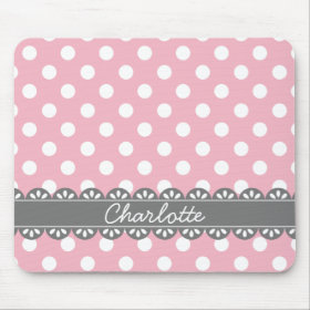 Fashionable Pink Polka Dots and Grey Lace Mouse Pad