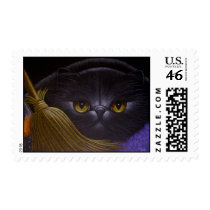 FAT BLACK PERSIAN CAT WITCH BROOM POSTAGE postage