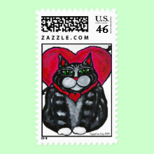 Fat Cat and Hearts Valentine's Day Postage Stamp - This stamp is adapted from an orginal painting by Lisa Corby. This fun fat cat says be mine!