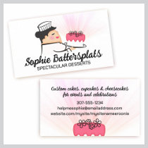 Fat female pastry chef carrying decorated cake,... business card templates