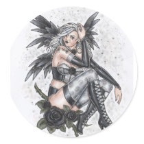 gothic, goth, dark, angel, punk, emo, fantasy, fatal, rose, fairy, pinup, fae, elf, vampire, flower, wings, feather, crow, raven, fetish, sexy, corset, woman, girl, lady, black, art, devil, daemon, zerick, delphine, levesque, demers, vampires, Sticker with custom graphic design