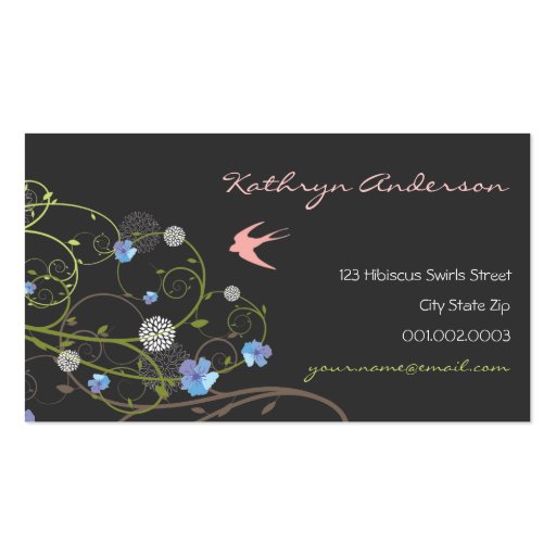 fatfatin Blue Hibiscus Swirls & Swallows Business Card Template (front side)
