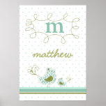 fatfatin Blue Swirly Mom & Baby Bird Kids Wall Art Poster
