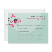 fatfatin Cherry Blossoms Love Birds RSVP Card Personalized Invitation