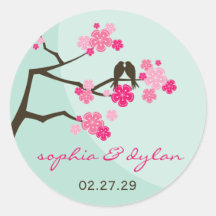 fatfatin Cherry Blossoms Love Birds Wedding Sticke Round Stickers