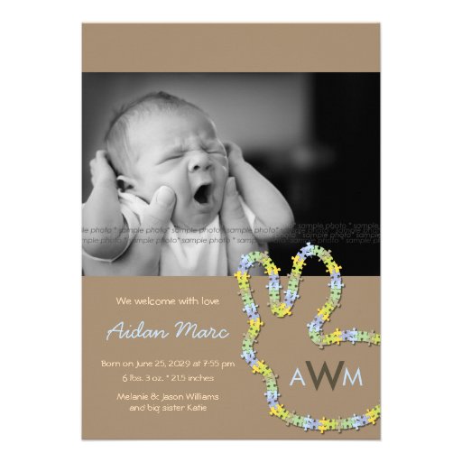 fatfatin Jigsaw Bunny Baby Boy Birth Announcement