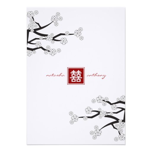 fatfatin White Sakuras Double Happiness Wedding Invitations (front side)