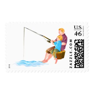 Father and son fishing stamp