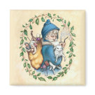 square_magnet - Old World Santa Claus in blue with gifts in bag on his back. He is carefully holding a small lamb. Leaves frame design.: Sizes 