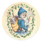 round_sticker - Old World Santa Claus in blue with gifts in bag on his back. He is carefully holding a small lamb. Leaves frame design.: Sizes 