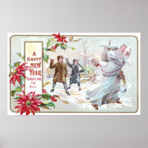 Father Time Pelted with Snowballs Poster
