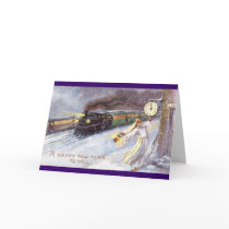 Father Time & Train Vintage New Year Greeting Card