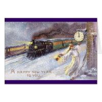 Father Time & Train Vintage New Year Greeting Card