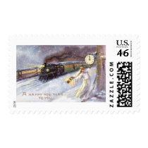 Father Time & Train Vintage New Year Postage Stamps