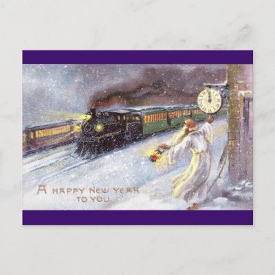 Father Time &amp; Train Vintage New Year Postcard by pinkalmond