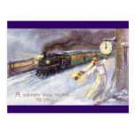 Father Time & Train Vintage New Year Postcard