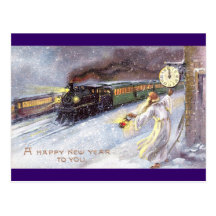 Father Time & Train Vintage New Year Postcard
