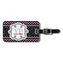 *Faux Black and Pink Glitter Zig Zag Chevron Luggage Tags