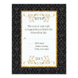 Faux Black Gold Glitter Damask Ticket Style RSVP 4.25x5.5 Paper Invitation Card