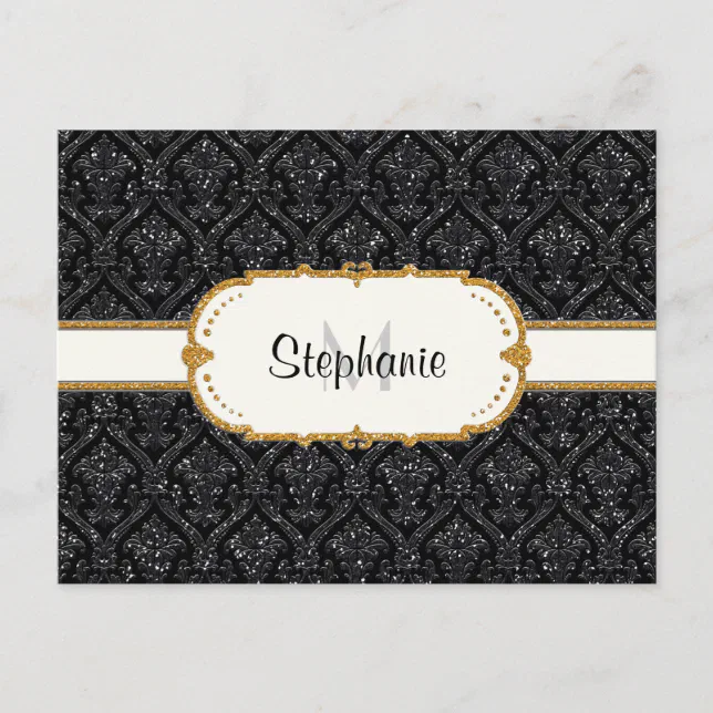 Faux Black Gold Glitter Damask Wedding Stationery Postcard Zazzle