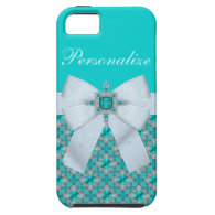 Faux Bow Aquamarine turquoise teal blue and Silver Jewels white bow iPhone 5 case