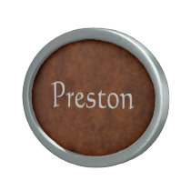 Faux Brown Leather Silver Name Belt Buckle