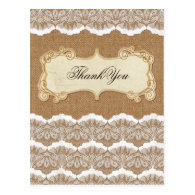 FAUX burlap and lace wedding thank you Post Cards