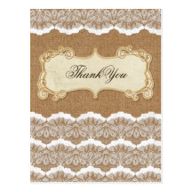 FAUX burlap and lace wedding thank you Post Cards