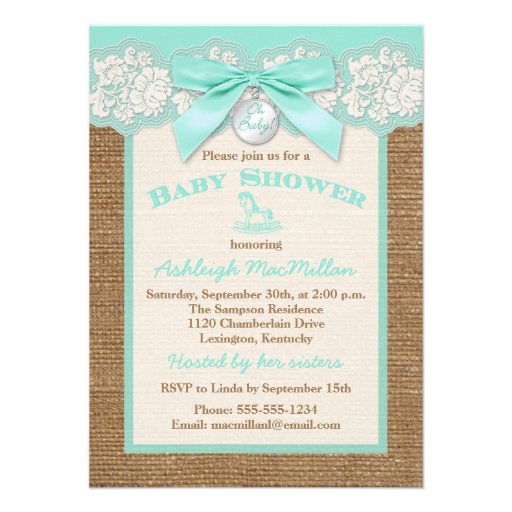 FAUX Burlap Ivory Lace, Aqua Baby Shower Invite