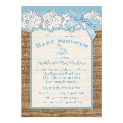 FAUX Burlap Ivory Lace, Blue Baby Shower Invite