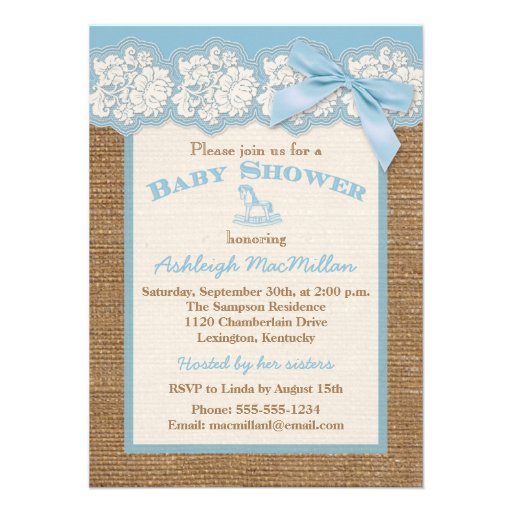 FAUX Burlap Ivory Lace, Blue Baby Shower Invite 2