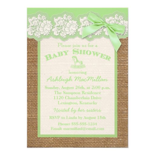 FAUX Burlap Ivory Lace, Green Baby Shower Invite
