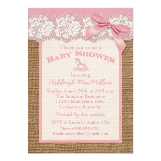 FAUX Burlap Ivory Lace, Pink Baby Shower Invite