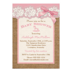 FAUX Burlap Ivory Lace, Pink Baby Shower Invite 2