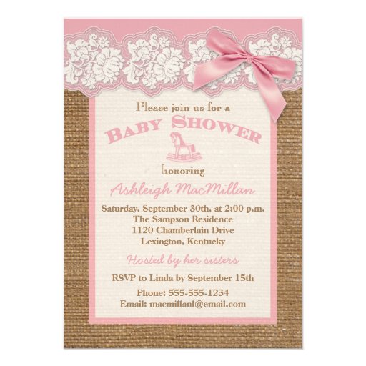 FAUX Burlap Ivory Lace, Pink Baby Shower Invite 2
