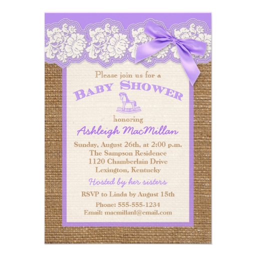 FAUX Burlap Ivory Lace, Purple Baby Shower Invite