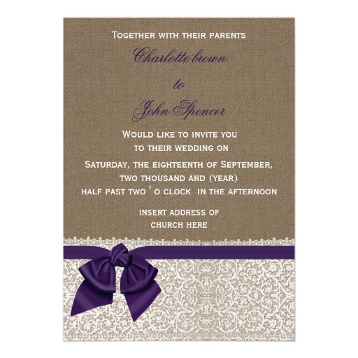 FAUX burlap, lace and purple ribbon invites