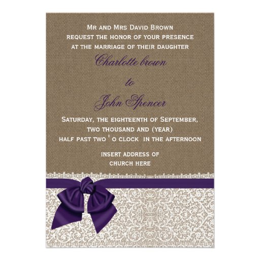 FAUX burlap, lace and purple ribbon invites
