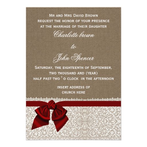 FAUX burlap, lace and red ribbon invites