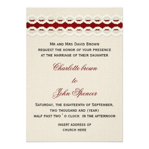 FAUX burlap, lace and red sash wedding invites