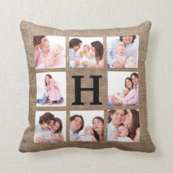 Faux Burlap Monogram with 8 Family Photos Throw Pillow